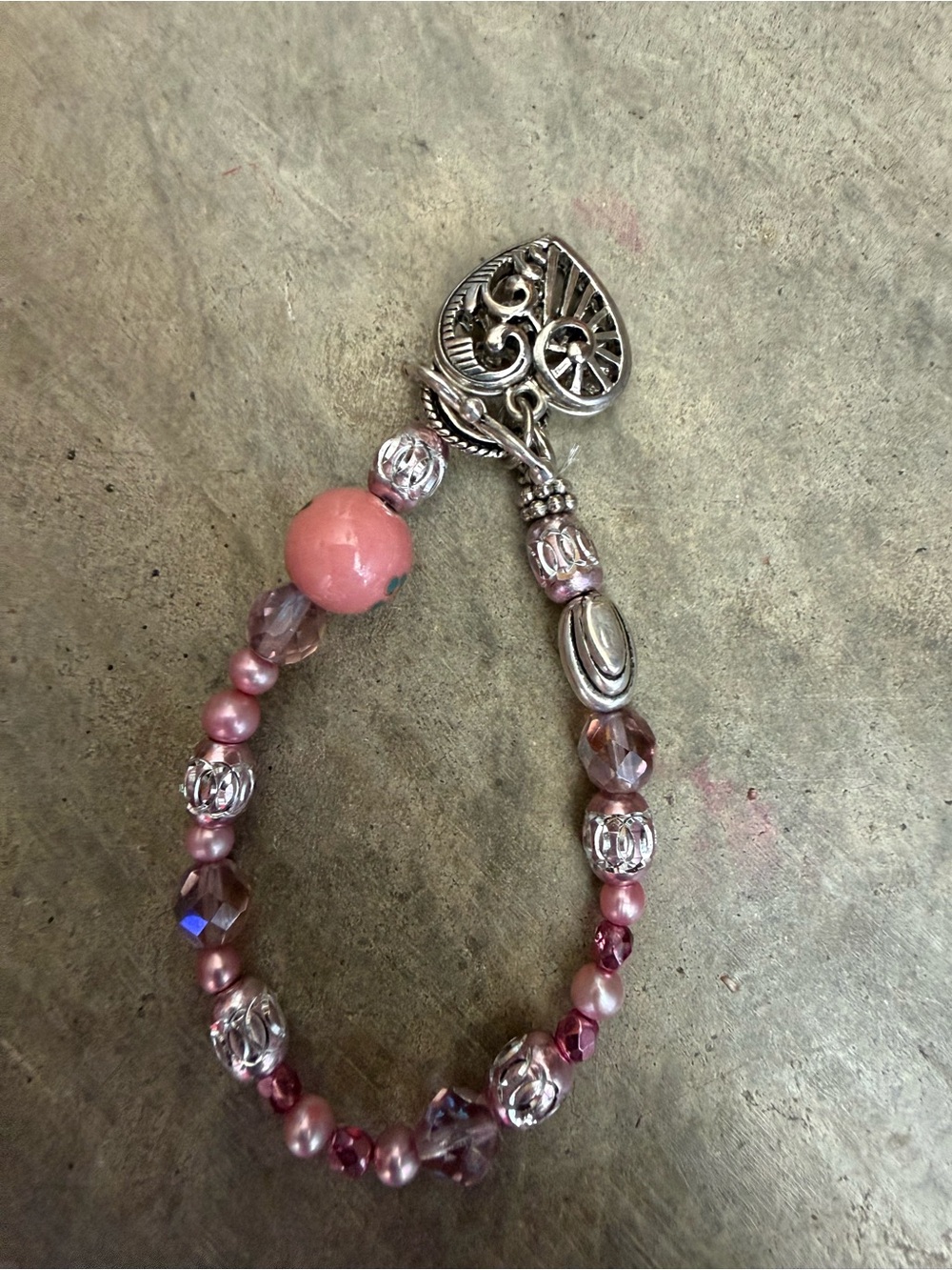 Women's Pink Beaded Heart Charm Bracelet with Silver Accents